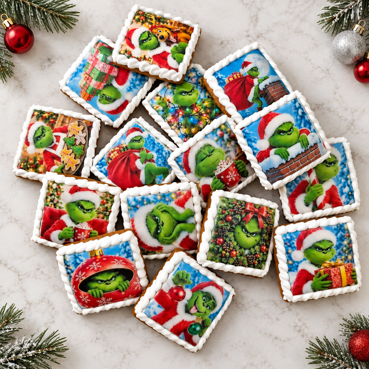 Vánoční Grinch – detail zdobených perníčků 4 x 4 cm s jedlým potiskem z perníčkového adventního kalendáře